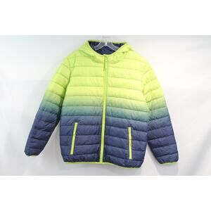 Eddie Bauer Jacket Puffer Hooded Reversible Unsex size L Green Blue Pocket Zip